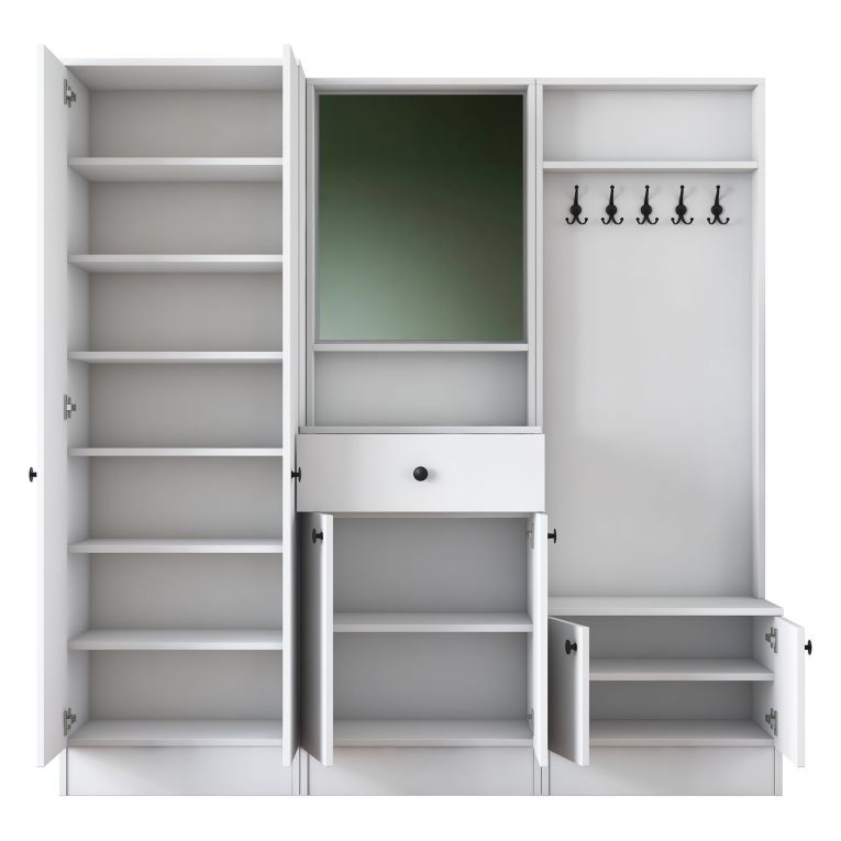 Mobile da Ingresso Bianco Nero Specchio Incluso Appendiabiti 179x37x183h cm, 11 Ripiani - Manzano