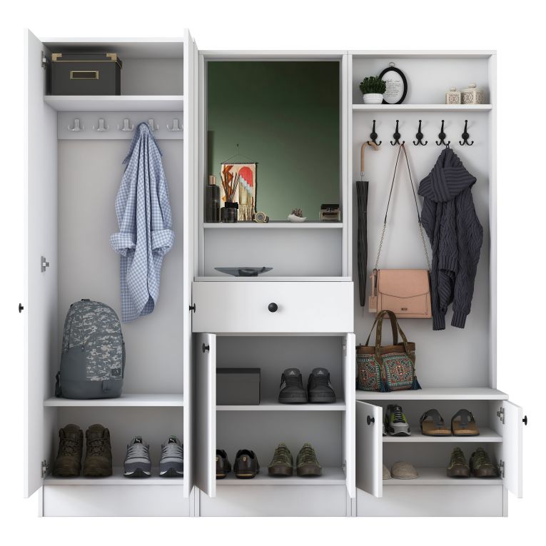Mobile da Ingresso Bianco Nero Specchio Incluso Appendiabiti 179x37x183h cm, 7 Ripiani - Manzano