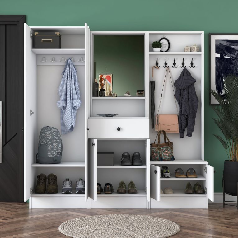 Mobile da Ingresso Bianco Nero Specchio Incluso Appendiabiti 179x37x183h cm, 7 Ripiani - Manzano