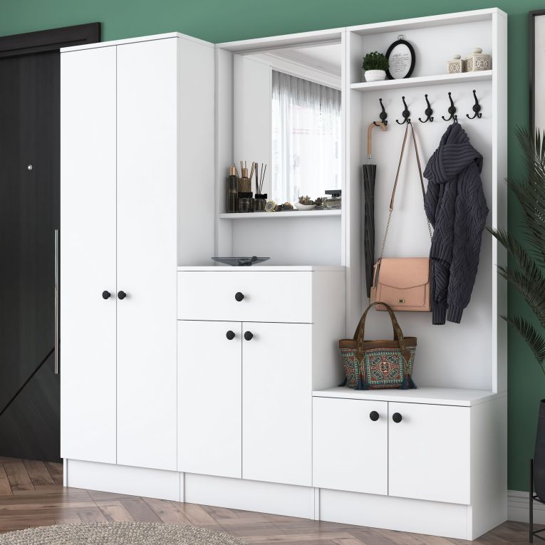 Mobile da Ingresso Bianco Nero Specchio Incluso Appendiabiti 179x37x183h cm, 7 Ripiani - Manzano