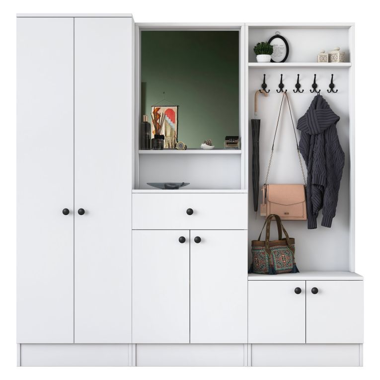 Mobile da Ingresso Bianco Nero Specchio Incluso Appendiabiti 179x37x183h cm, 7 Ripiani - Manzano