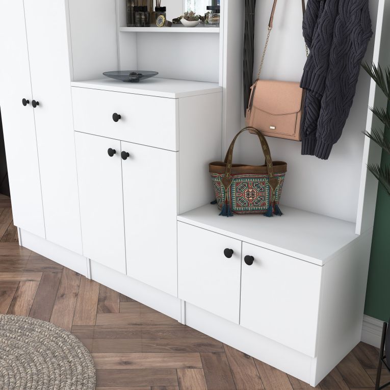 Mobile da Ingresso Bianco Nero Specchio Incluso Appendiabiti 179x37x183h cm, 7 Ripiani - Manzano