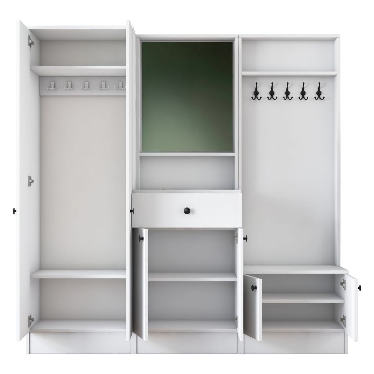 Mobile da Ingresso Bianco Nero Specchio Incluso Appendiabiti 179x37x183h cm, 7 Ripiani - Manzano
