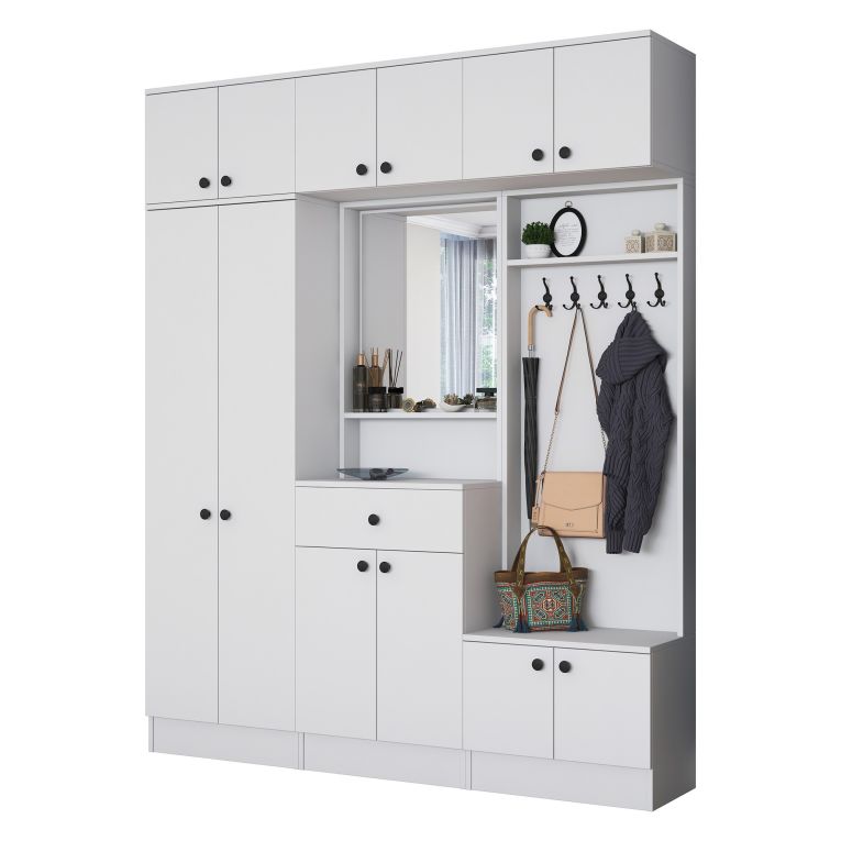 Mobile da Ingresso Bianco Nero Specchio Incluso Appendiabiti 180x36x226h cm, 11 Ripiani - Torpe