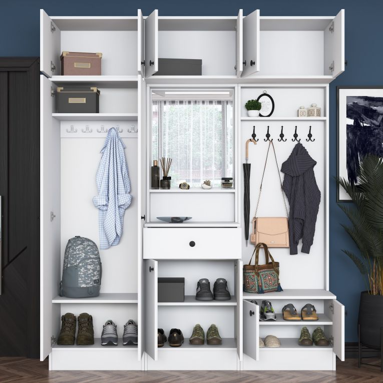 Mobile da Ingresso Bianco Nero Specchio Incluso Appendiabiti 180x36x226h cm, 11 Ripiani - Torpe