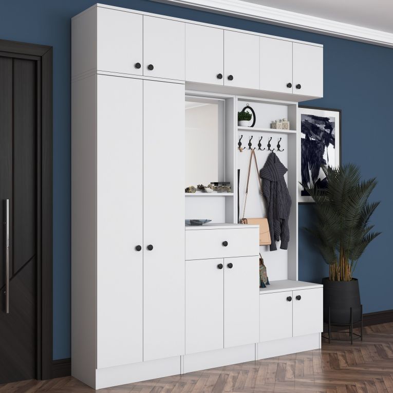 Mobile da Ingresso Bianco Nero Specchio Incluso Appendiabiti 180x36x226h cm, 11 Ripiani - Torpe