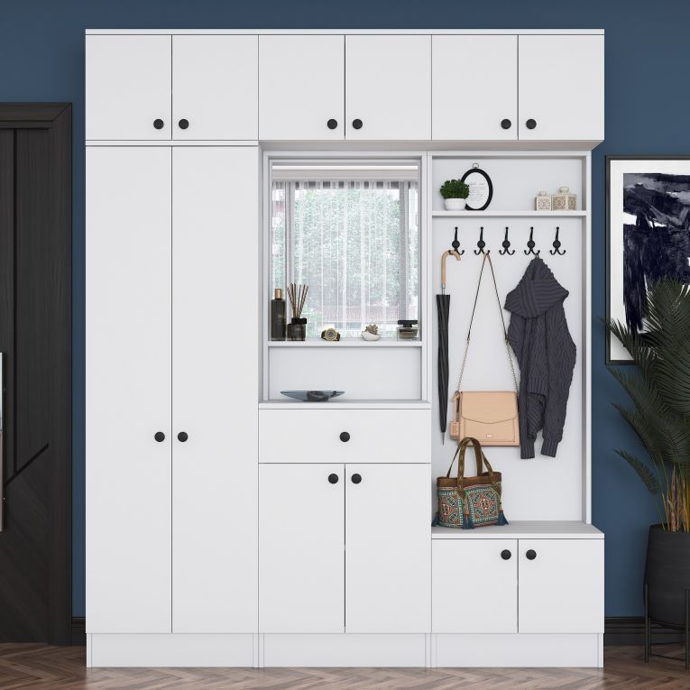 Mobile da Ingresso Bianco Nero Specchio Incluso Appendiabiti 180x36x226h cm, 11 Ripiani - Torpe