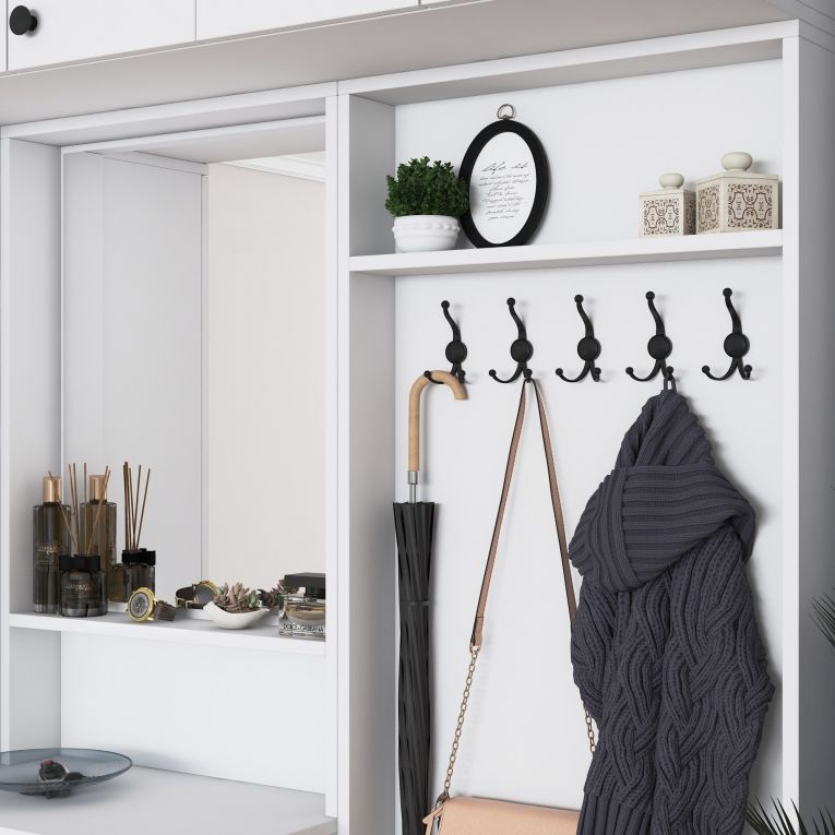 Mobile da Ingresso Bianco Nero Specchio Incluso Appendiabiti 180x36x226h cm, 11 Ripiani - Torpe