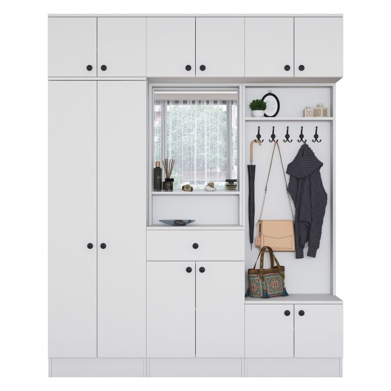 Mobile da Ingresso Bianco Nero Specchio Incluso Appendiabiti 180x36x226h cm, 11 Ripiani - Torpe