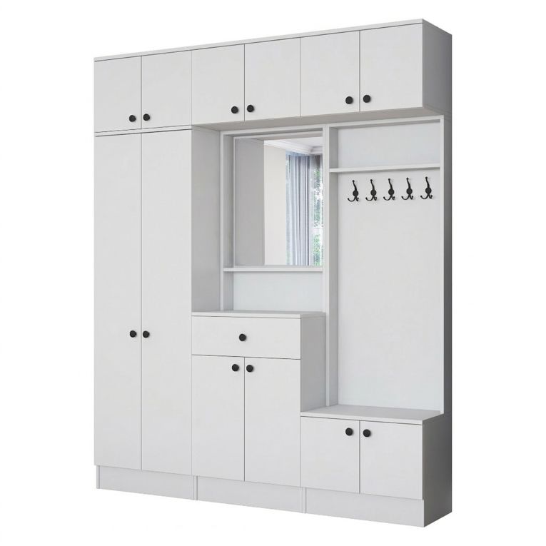 Mobile da Ingresso Bianco Nero Specchio Incluso Appendiabiti 180x36x226h cm, 11 Ripiani - Torpe