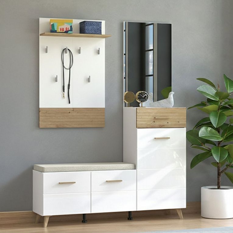 Mobile da Ingresso Bianco Opaco Marrone Rovere Nodi Specchio Incluso un Cassetto 141x35x189.5h cm, 6 Ripiani - Longa