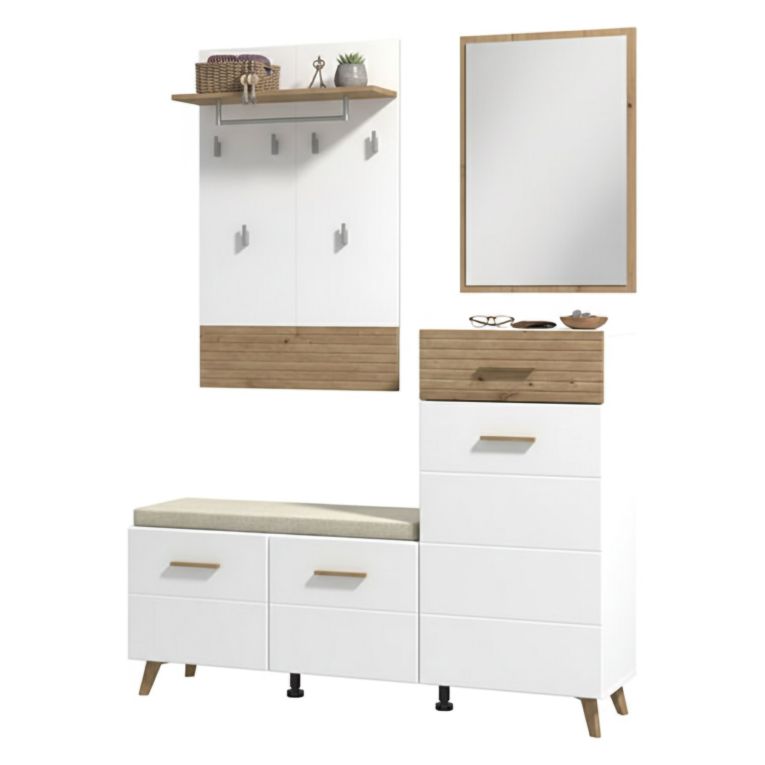 Mobile da Ingresso Bianco Opaco Marrone Rovere Nodi Specchio Incluso un Cassetto 141x35x189.5h cm, 6 Ripiani - Longa