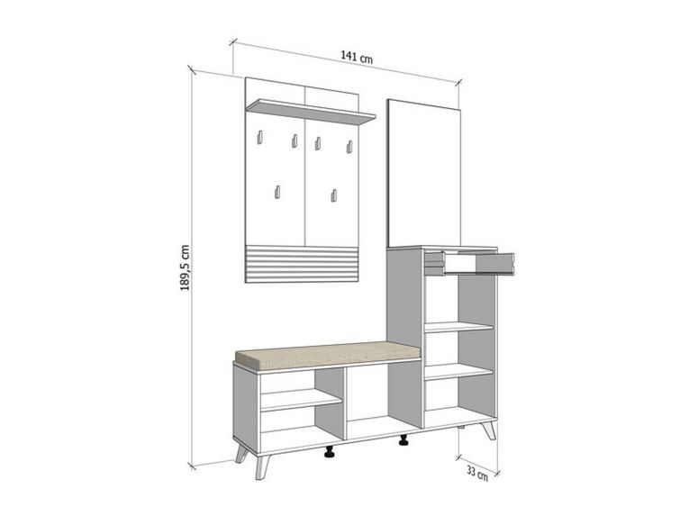 Mobile da Ingresso Bianco Opaco Marrone Rovere Nodi Specchio Incluso un Cassetto 141x35x189.5h cm, 6 Ripiani - Longa