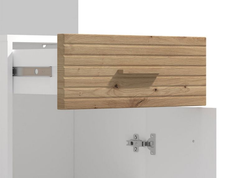 Mobile da Ingresso Bianco Opaco Marrone Rovere Nodi Specchio Incluso un Cassetto 141x35x189.5h cm, 6 Ripiani - Longa