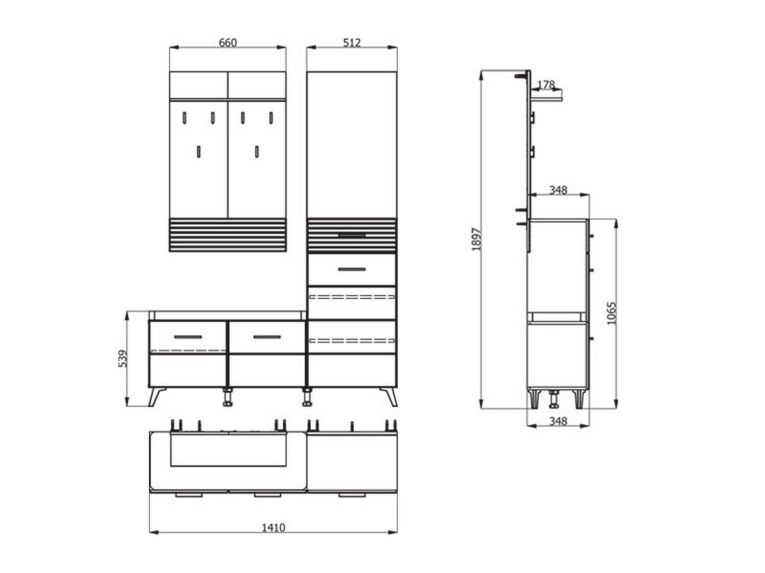 Mobile da Ingresso Bianco Opaco Marrone Rovere Nodi Specchio Incluso un Cassetto 141x35x189.5h cm, 6 Ripiani - Longa