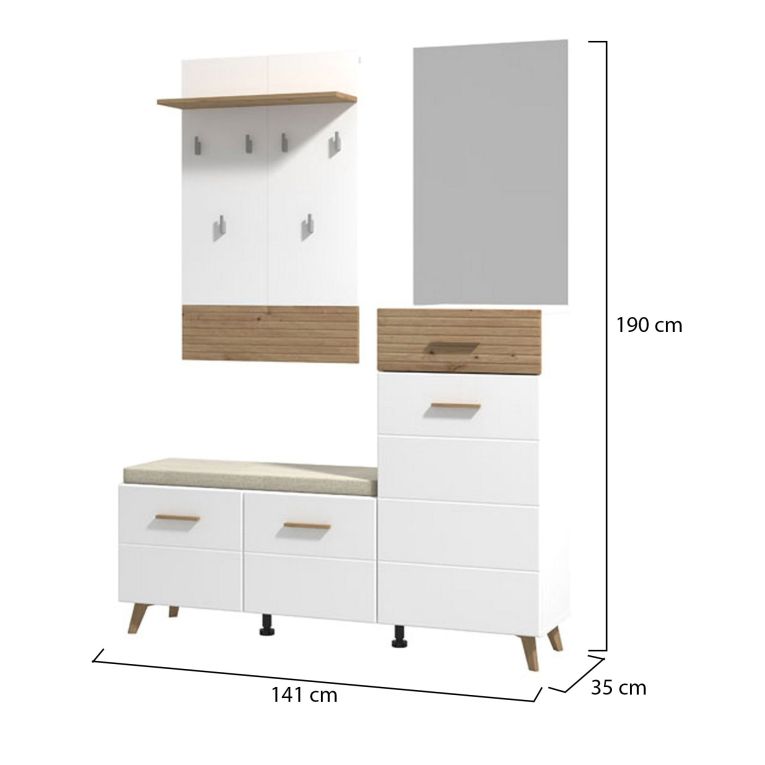 Mobile da Ingresso Bianco Opaco Marrone Rovere Nodi Specchio Incluso un Cassetto 141x35x189.5h cm, 6 Ripiani - Longa