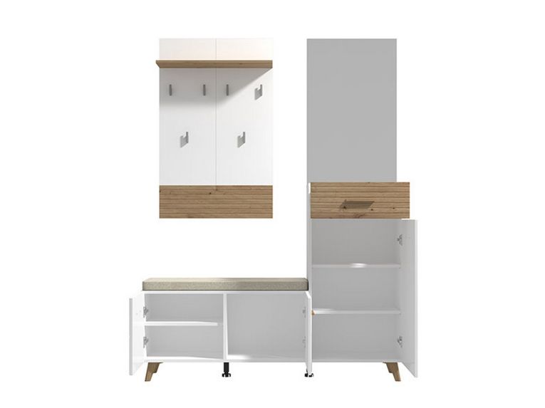 Mobile da Ingresso Bianco Opaco Marrone Rovere Nodi Specchio Incluso un Cassetto 141x35x189.5h cm, 6 Ripiani - Longa