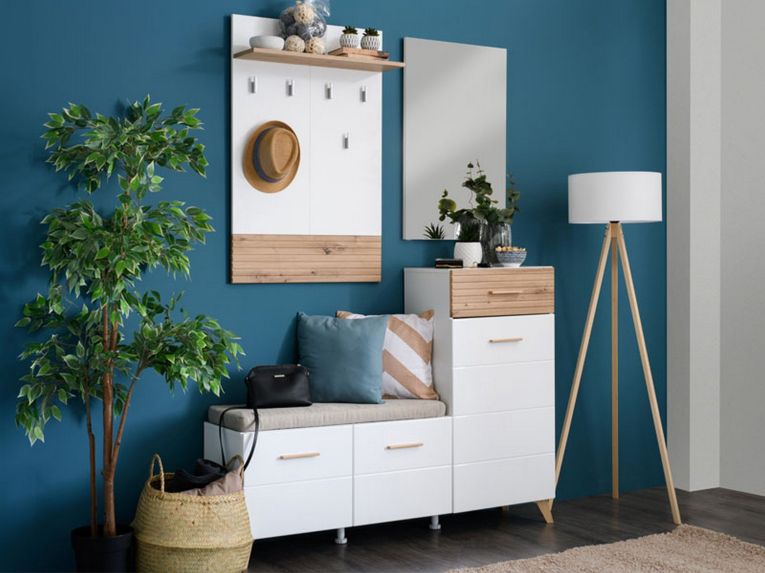 Mobile da Ingresso Bianco Opaco Marrone Rovere Nodi Specchio Incluso un Cassetto 141x35x189.5h cm, 6 Ripiani - Longa