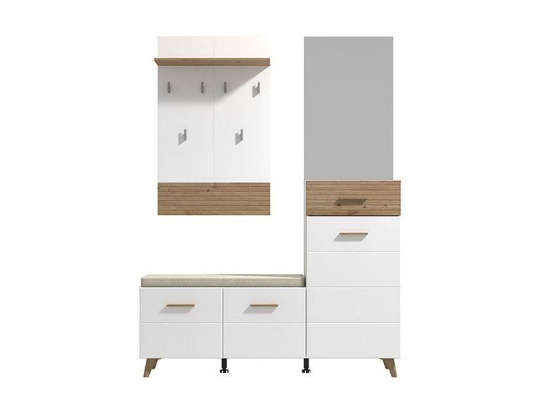 Mobile da Ingresso Bianco Opaco Marrone Rovere Nodi Specchio Incluso un Cassetto 141x35x189.5h cm, 6 Ripiani - Longa
