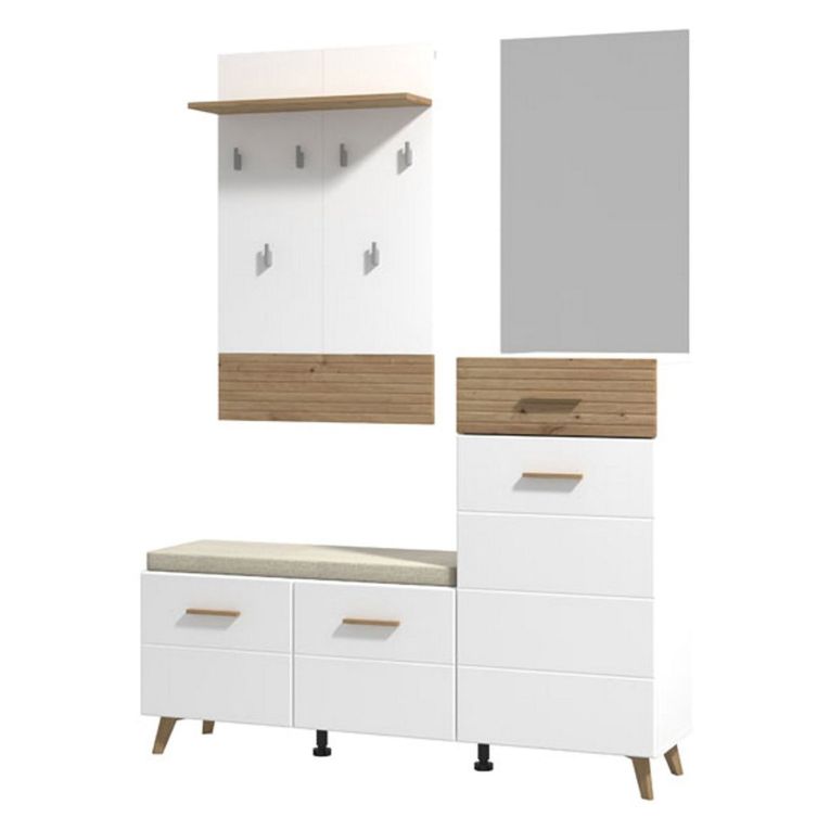 Mobile da Ingresso Bianco Opaco Marrone Rovere Nodi Specchio Incluso un Cassetto 141x35x189.5h cm, 6 Ripiani - Longa