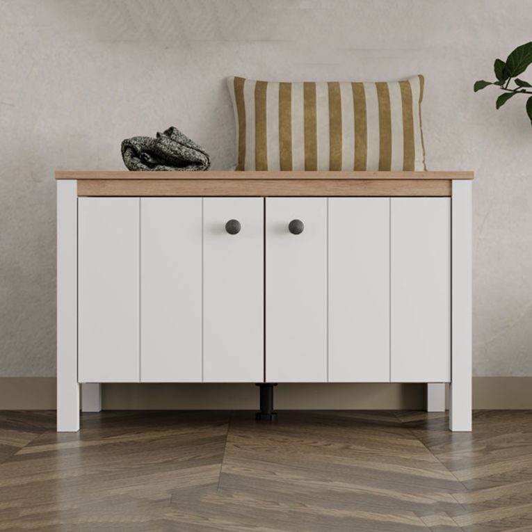 Mobile da Ingresso Bianco Opaco Marrone Rovere un Ripiano 2 Ante 86x40x54h cm, Anta Effetto Rigato - Tekapo