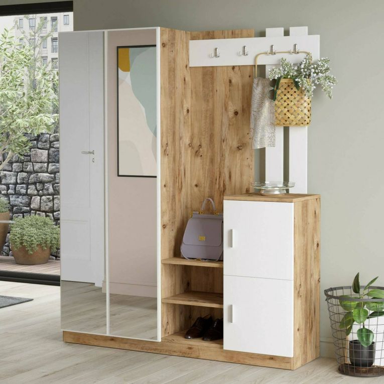 Mobile da ingresso Borealis, Entratina moderna, Appendiabiti da parete, Consolle portaoggetti multifunzione, 147x38h180 cm, Quercia e Bianco