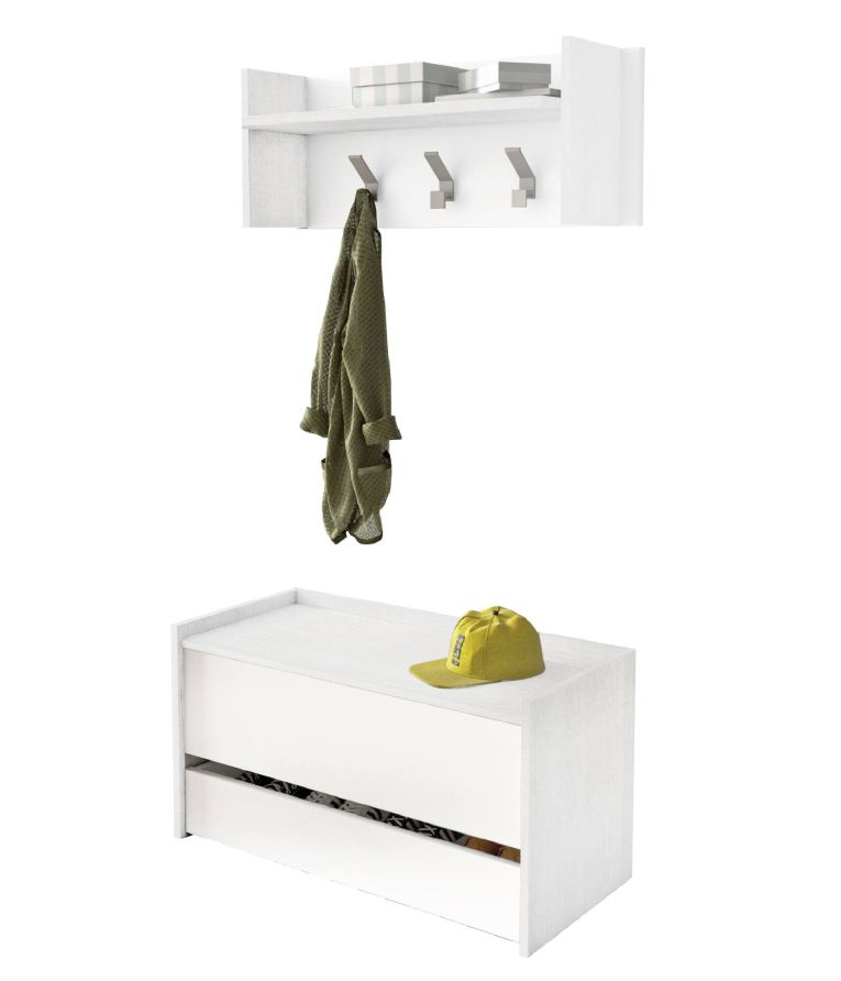 Mobile da ingresso Brionia, Entratina moderna con appendiabiti, Mobile con scarpiera, Armadietto multifunzione, Cm 50x32h182, Bianco