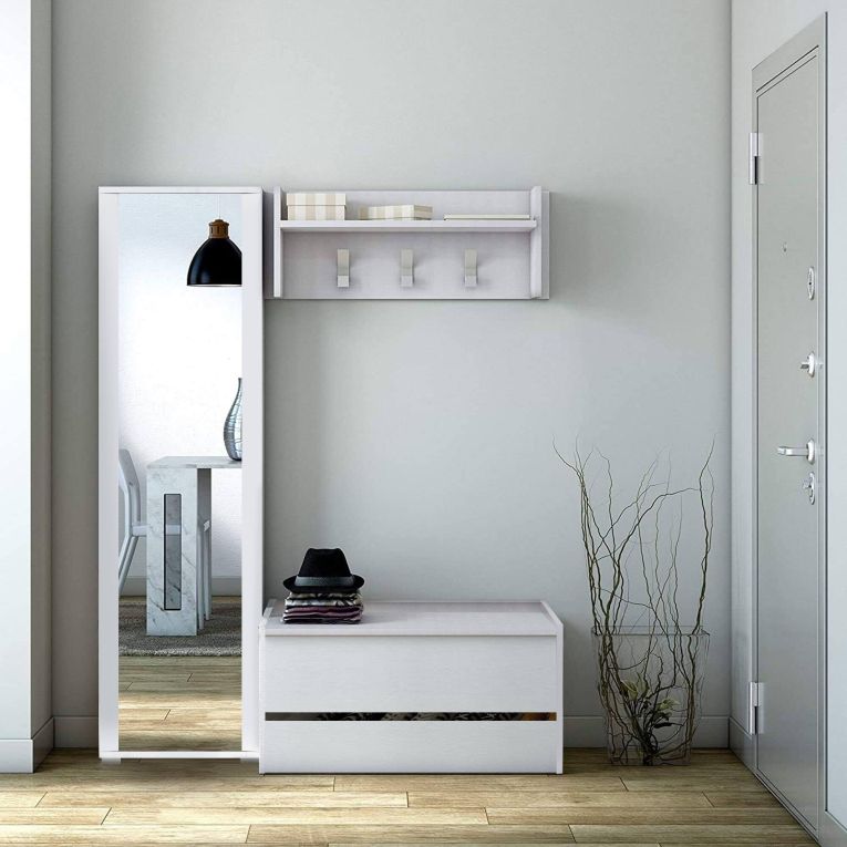 Mobile da ingresso Brionia, Entratina moderna con appendiabiti, Mobile con scarpiera, Armadietto multifunzione, Cm 50x32h182, Bianco