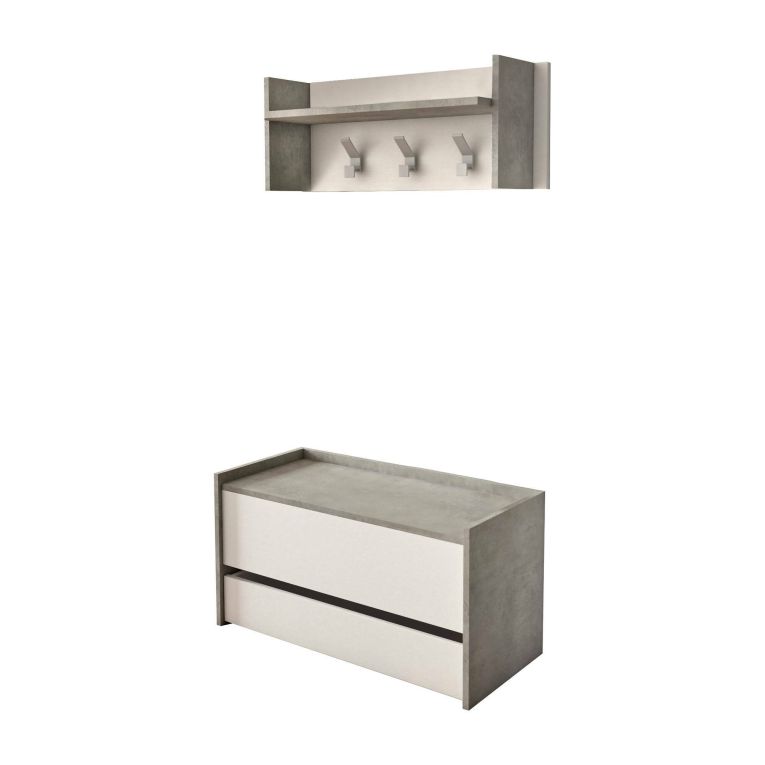Mobile da ingresso Brionia, Entratina moderna con appendiabiti, Mobile con scarpiera, Armadietto multifunzione, Cm 50x32h182, Cemento e Bianco