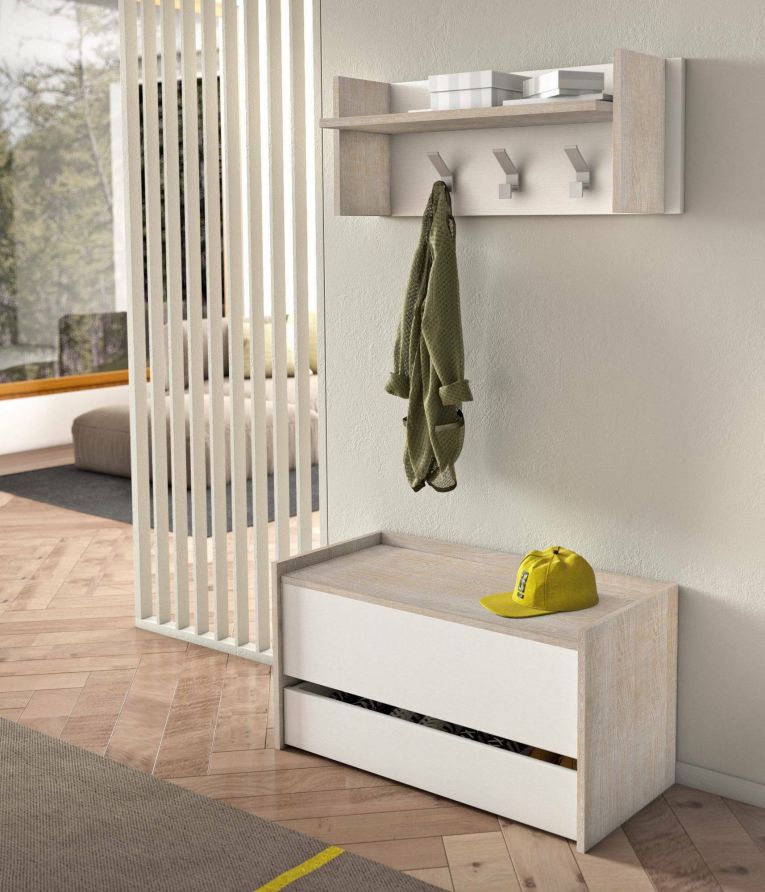 Mobile da ingresso Brionia, Entratina moderna con appendiabiti, Mobile con scarpiera, Armadietto multifunzione, Cm 50x32h182, Rovere e Bianco