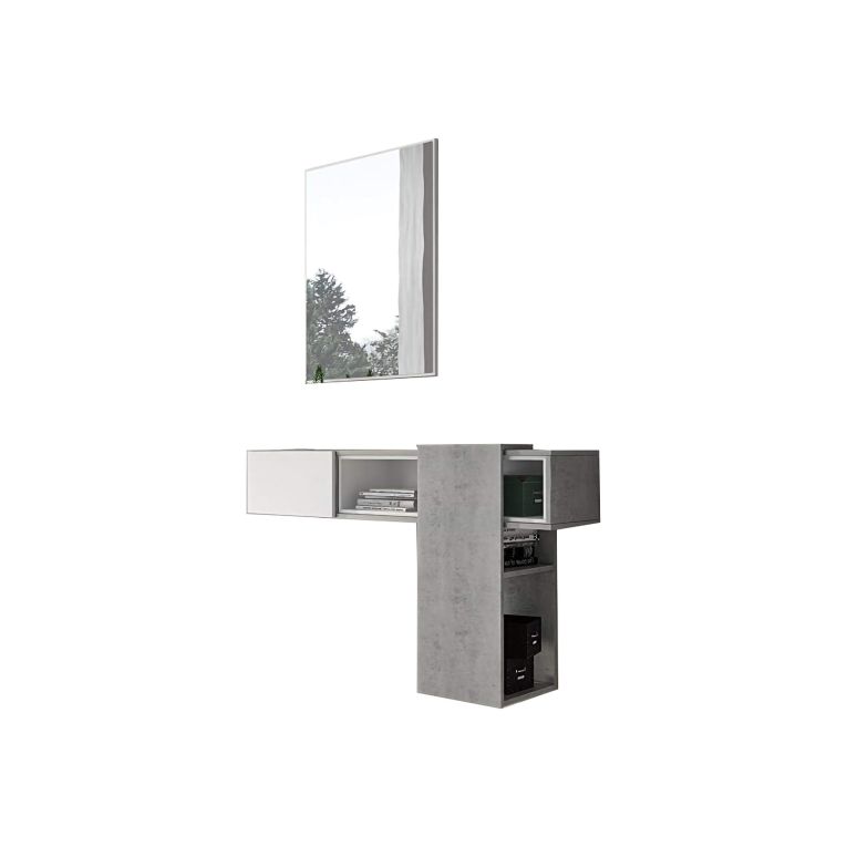 Mobile da ingresso Calella, Entratina sospesa, Mobile da parete con specchio, Svuota tasche da ingresso con cassetto e specchio, 100x27h75 cm, Cemento, Bianco