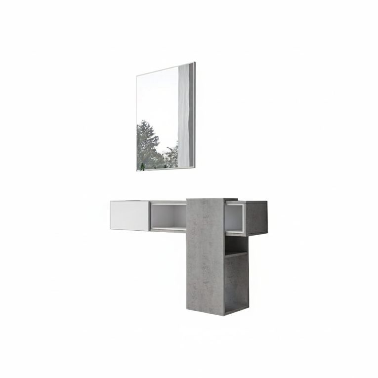 Mobile da ingresso Calella, Entratina sospesa, Mobile da parete con specchio, Svuota tasche da ingresso con cassetto e specchio, 100x27h75 cm, Cemento, Bianco