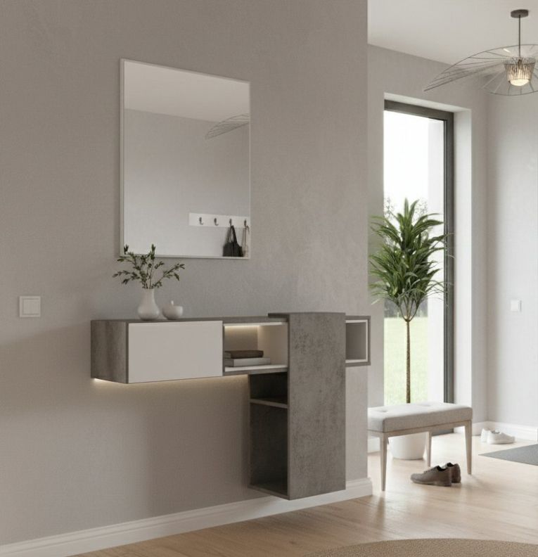 Mobile da ingresso Calella, Entratina sospesa, Mobile da parete con specchio, Svuota tasche da ingresso con cassetto e specchio, 100x27h75 cm, Cemento, Bianco