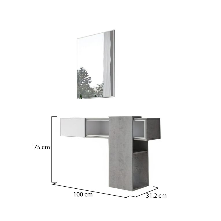 Mobile da ingresso Calella, Entratina sospesa, Mobile da parete con specchio, Svuota tasche da ingresso con cassetto e specchio, 100x27h75 cm, Cemento, Bianco