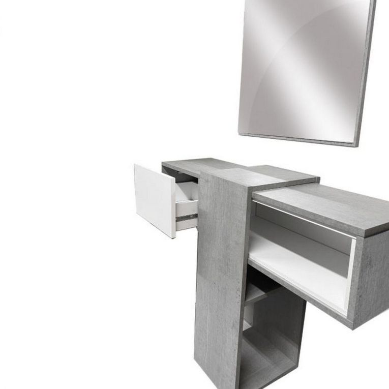 Mobile da ingresso Calella, Entratina sospesa, Mobile da parete con specchio, Svuota tasche da ingresso con cassetto e specchio, 100x27h75 cm, Cemento, Bianco