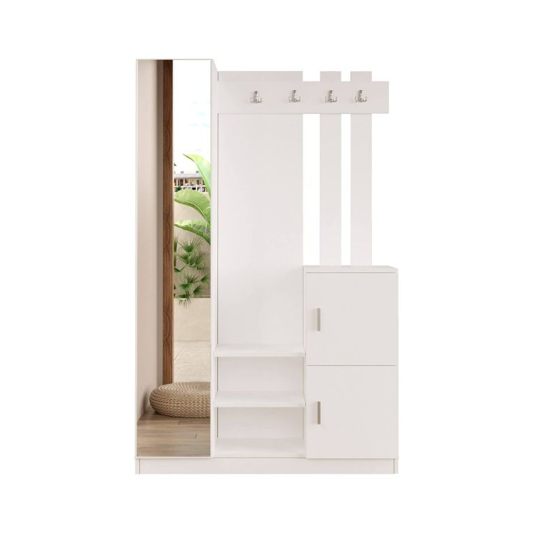 Mobile da ingresso Cassini, Entratina appendiabiti, Composizione per atrio, Consolle portaoggetti multifunzione, 114x35 h180 cm, Bianco