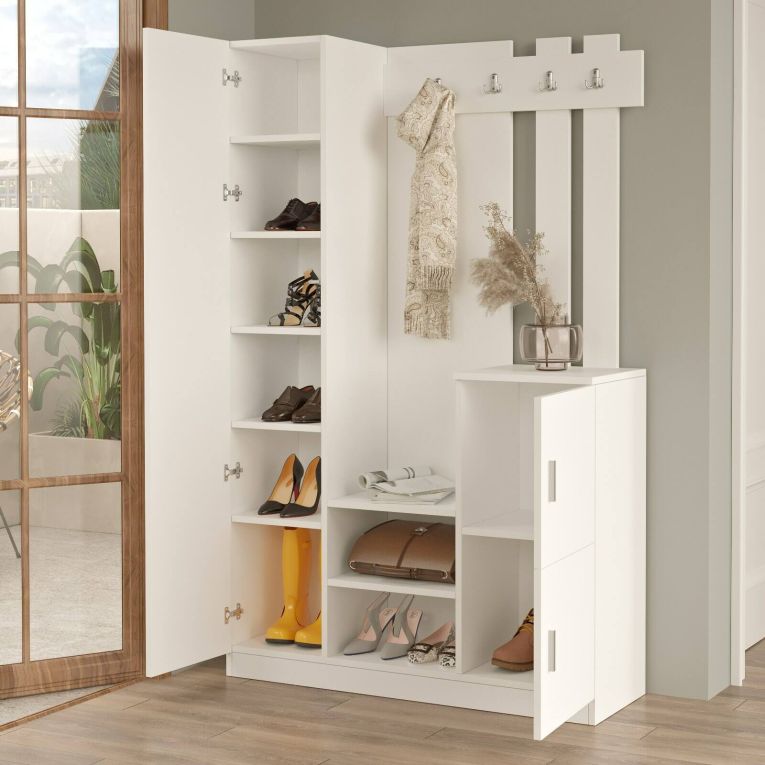 Mobile da ingresso Cassini, Entratina appendiabiti, Composizione per atrio, Consolle portaoggetti multifunzione, 114x35 h180 cm, Bianco