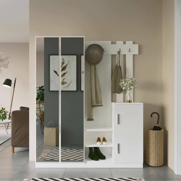 Mobile da ingresso Cetus, Entratina appendiabiti, Composizione per atrio, Consolle portaoggetti multifunzione, 147x38 h180 cm, Bianco