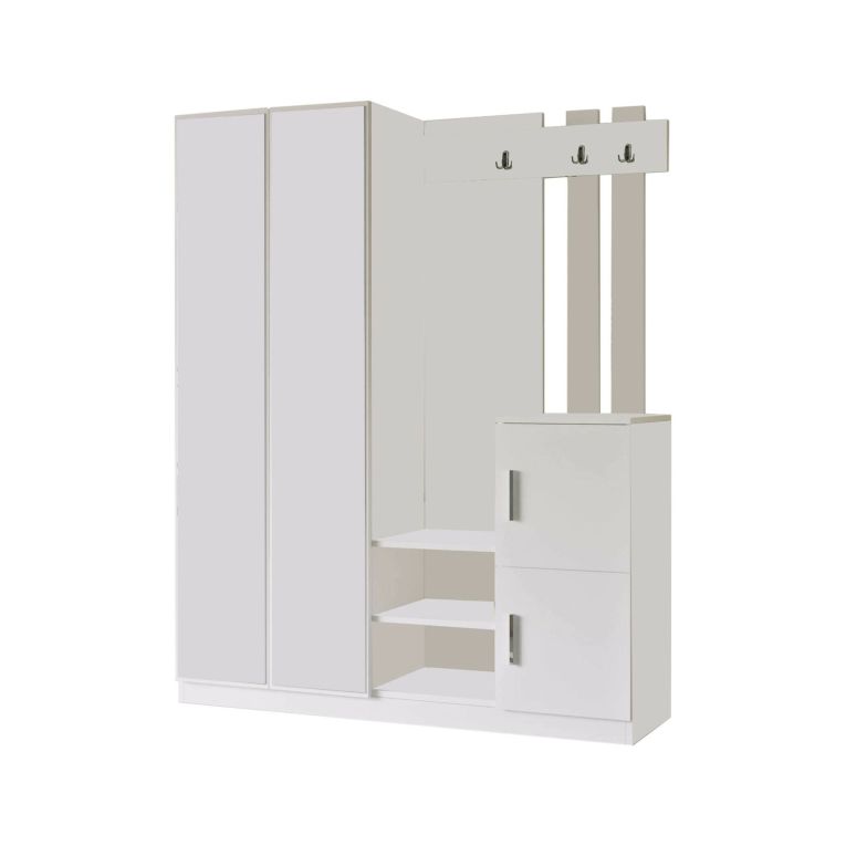 Mobile da ingresso Cetus, Entratina appendiabiti, Composizione per atrio, Consolle portaoggetti multifunzione, 147x38 h180 cm, Bianco