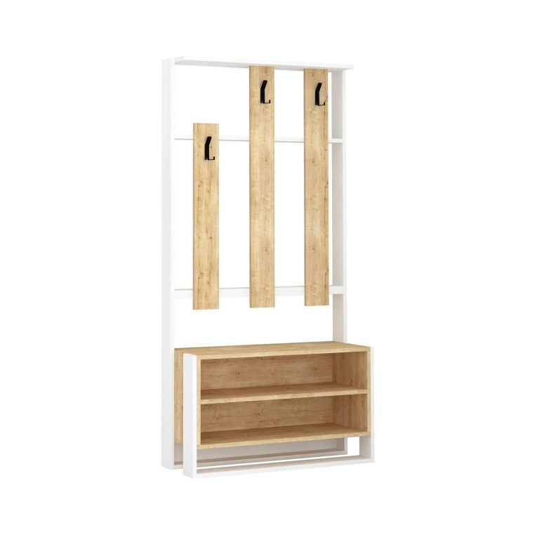 Mobile da ingresso Eridia, Entratina appendiabiti, Composizione per atrio, Consolle portaoggetti multifunzione, 90x36 h180 cm, Bianco e Quercia