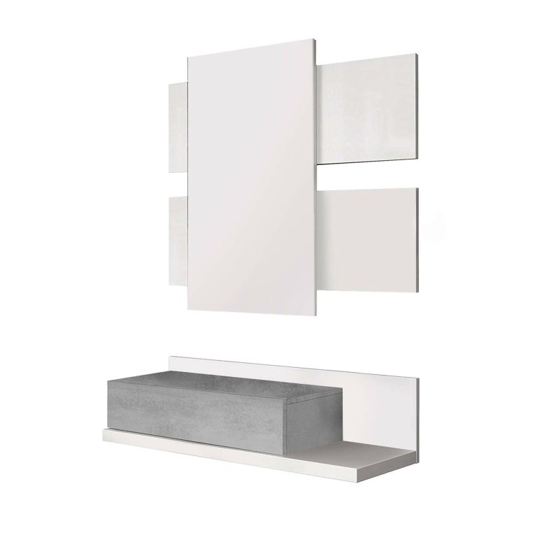 Mobile da ingresso Erie, Entratina sospesa con specchio, Mobile con cassetto per entrata, 75x29h90 cm, Bianco e Cemento