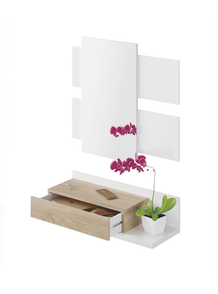 Mobile da ingresso Erie, Entratina sospesa con specchio, Mobile con cassetto per entrata, 75x29h90 cm, Bianco e Rovere
