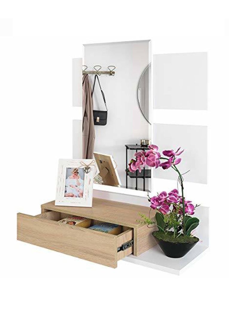 Mobile da ingresso Erie, Entratina sospesa con specchio, Mobile con cassetto per entrata, 75x29h90 cm, Bianco e Rovere