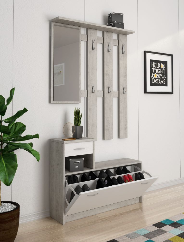 Mobile da ingresso Garolfo, 100x26h190 cm, Bianco e Cemento