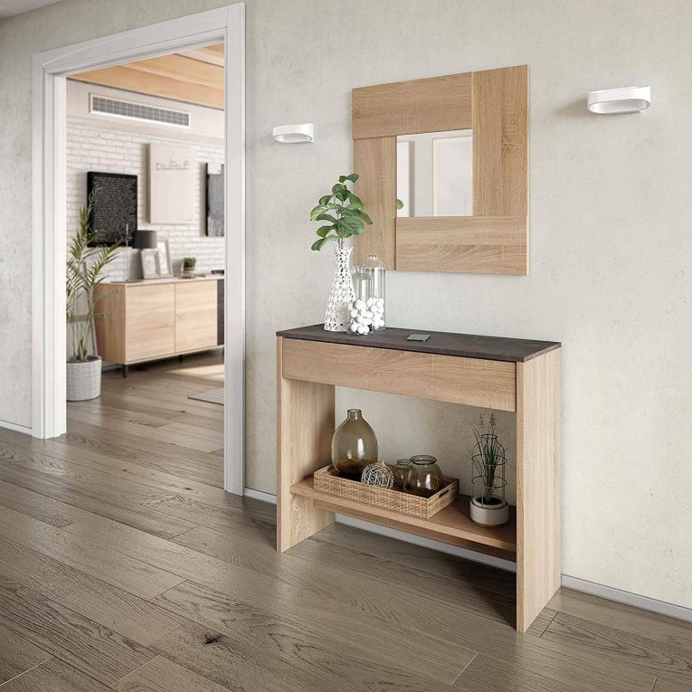 Mobile da ingresso Gilbert, Entratina con specchio, Mobile con cassetto e ripiano per entrata, Armadio moderno per atrio, 92x33h149 cm, Rovere e Noce
