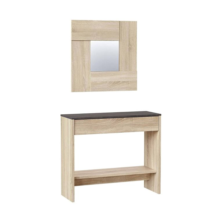 Mobile da ingresso Gilbert, Entratina con specchio, Mobile con cassetto e ripiano per entrata, Armadio moderno per atrio, 92x33h149 cm, Rovere e Noce