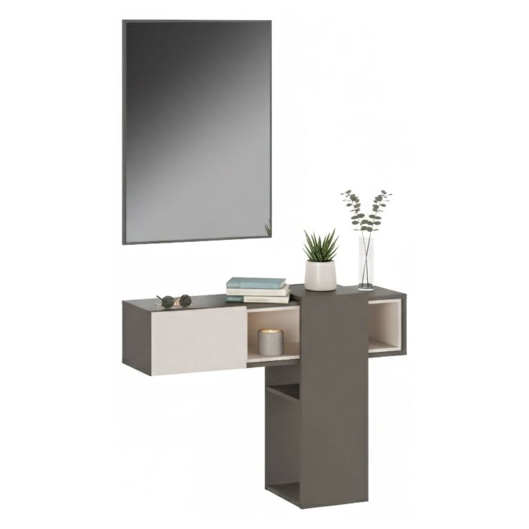 Mobile da Ingresso Grigio Beige Specchio Incluso un Cassetto 100x31x75h cm, un Vano - Daba