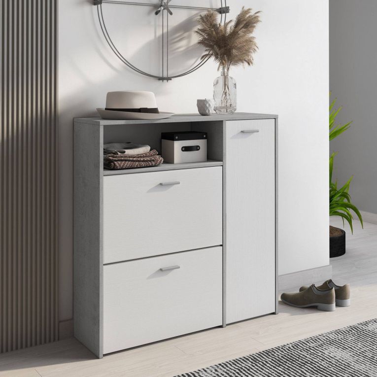 Mobile da Ingresso Grigio Cemento Bianco 04-mag Paia 3 Ripiani 91.5x26.6x94h cm, 3 Ante - Scultore