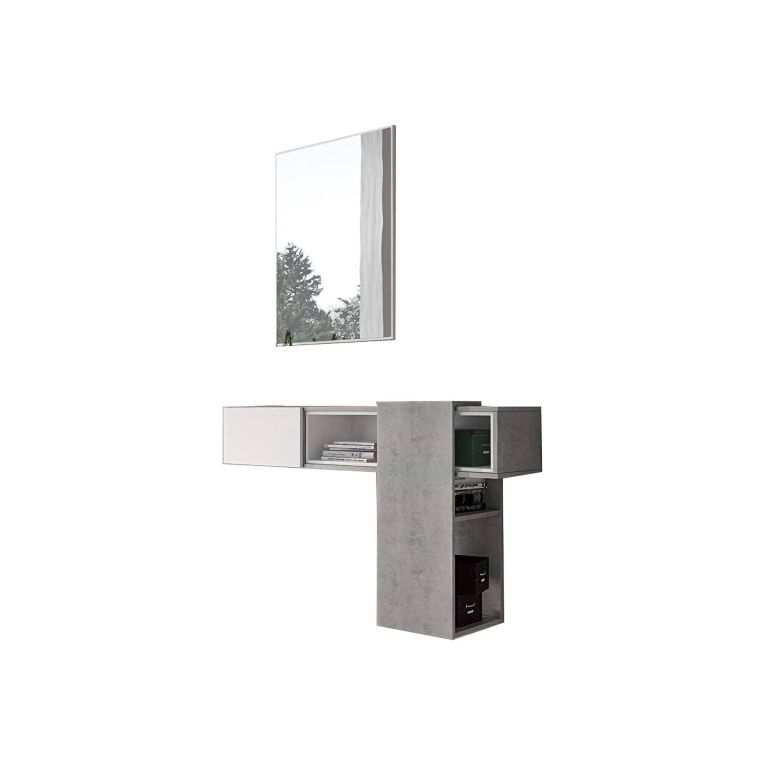 Mobile da Ingresso Grigio Cemento Bianco Specchio Incluso un Ripiano 100x31x75h cm, Appendiabiti - Limbadi