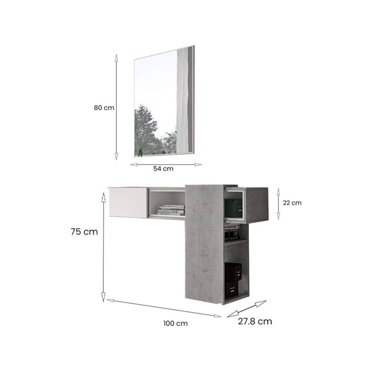 Mobile da Ingresso Grigio Cemento Bianco Specchio Incluso un Ripiano 100x31x75h cm, Appendiabiti - Limbadi